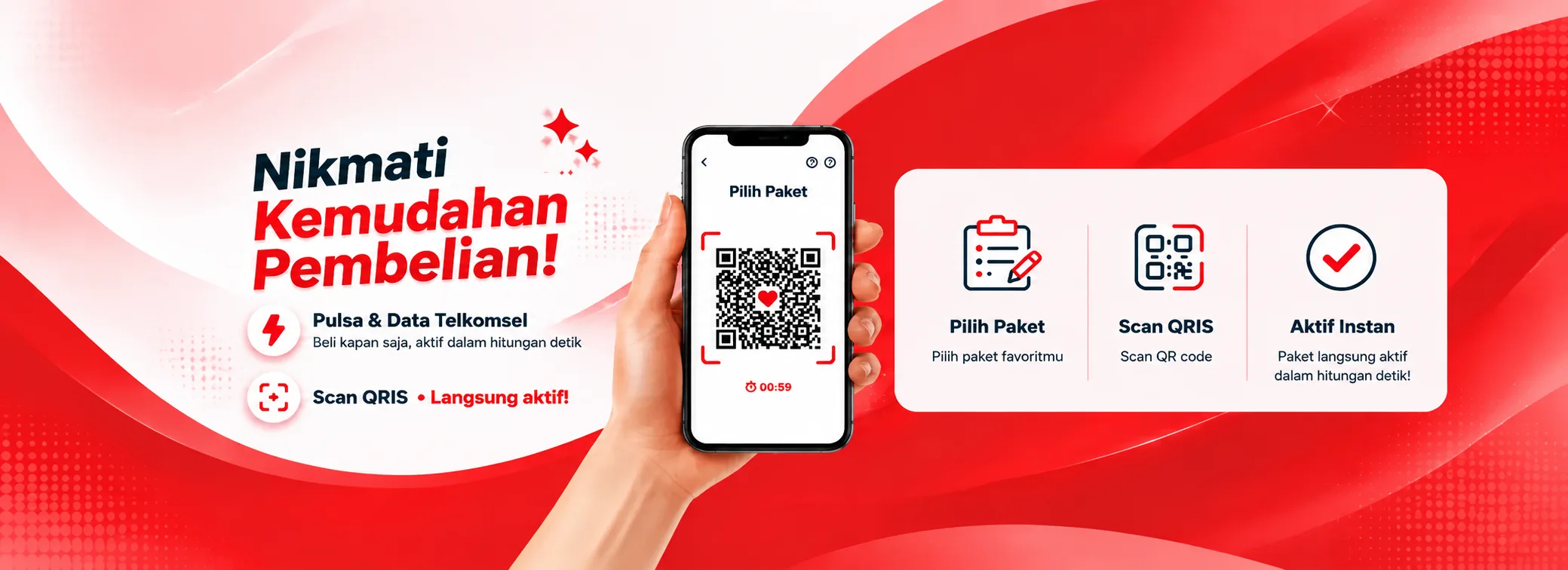 Nikmati kemudahan pembelian: pilih paket, scan QRIS, aktif instan